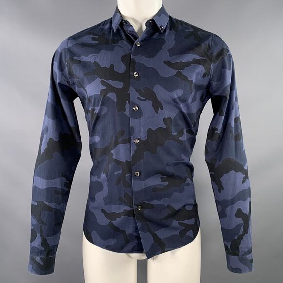 VALENTINO Size M Navy Black Camouflage Cotton Button Up Long Sleeve Shirt - Picture 1 of 10
